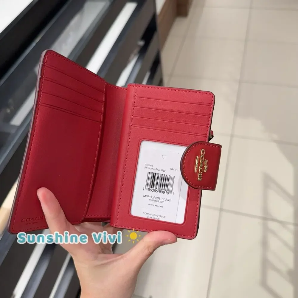 NWT Coach Medium Corner Zip Wallet in Signature Canvas CW786 Walnut/True Red